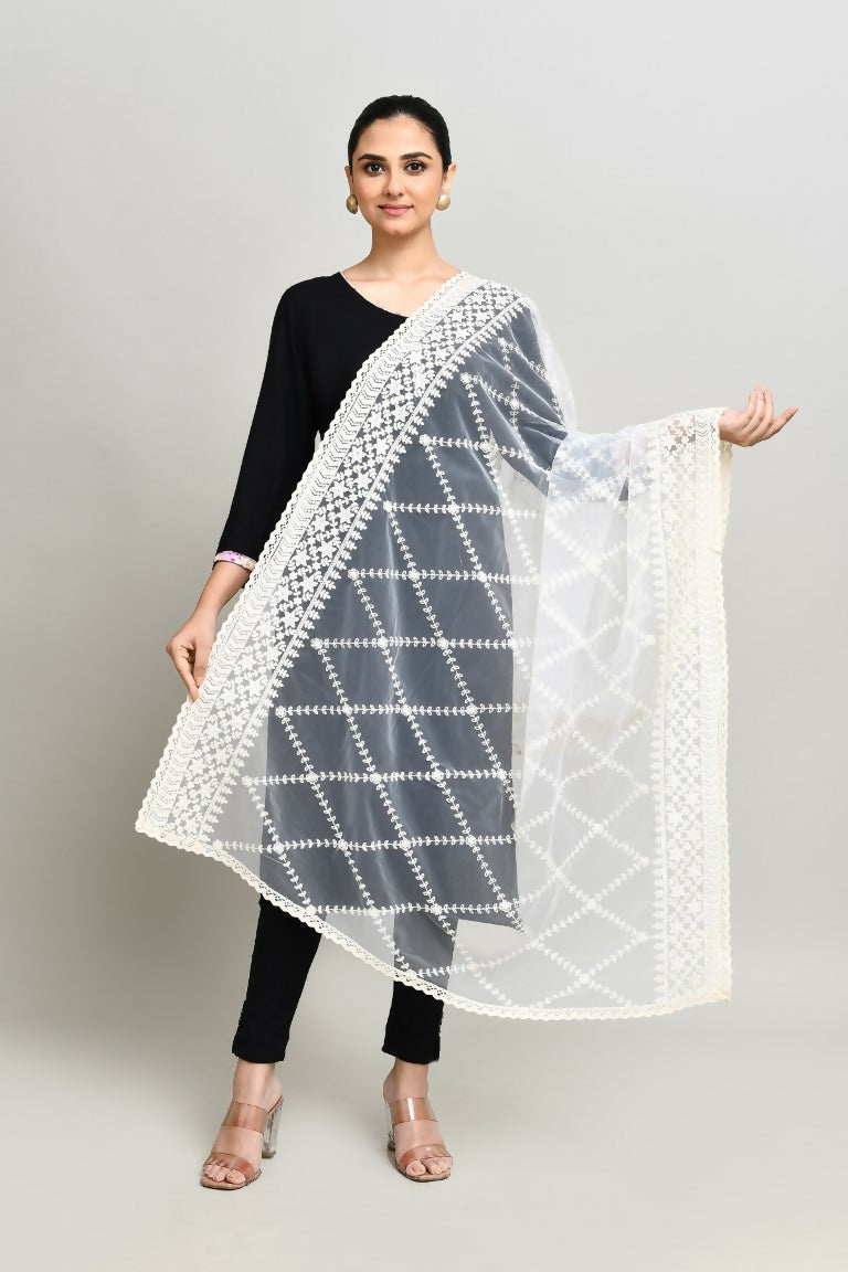 Joban Fashion White Cotton Embroidery Work Pakistani Karanchi Dupatta