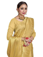 Vardha Women's Beige Color Kanchipuram Raw Silk Saree with Unstitched Blouse Piece