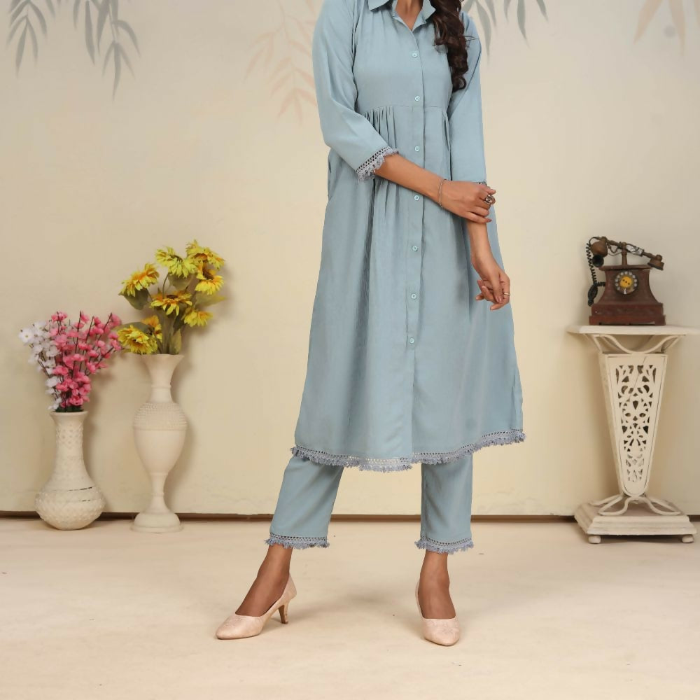 Jyoti Fashion Women's Sky Blue Rinkal Cotton Plain with Side Pocket Kurtis & Sets