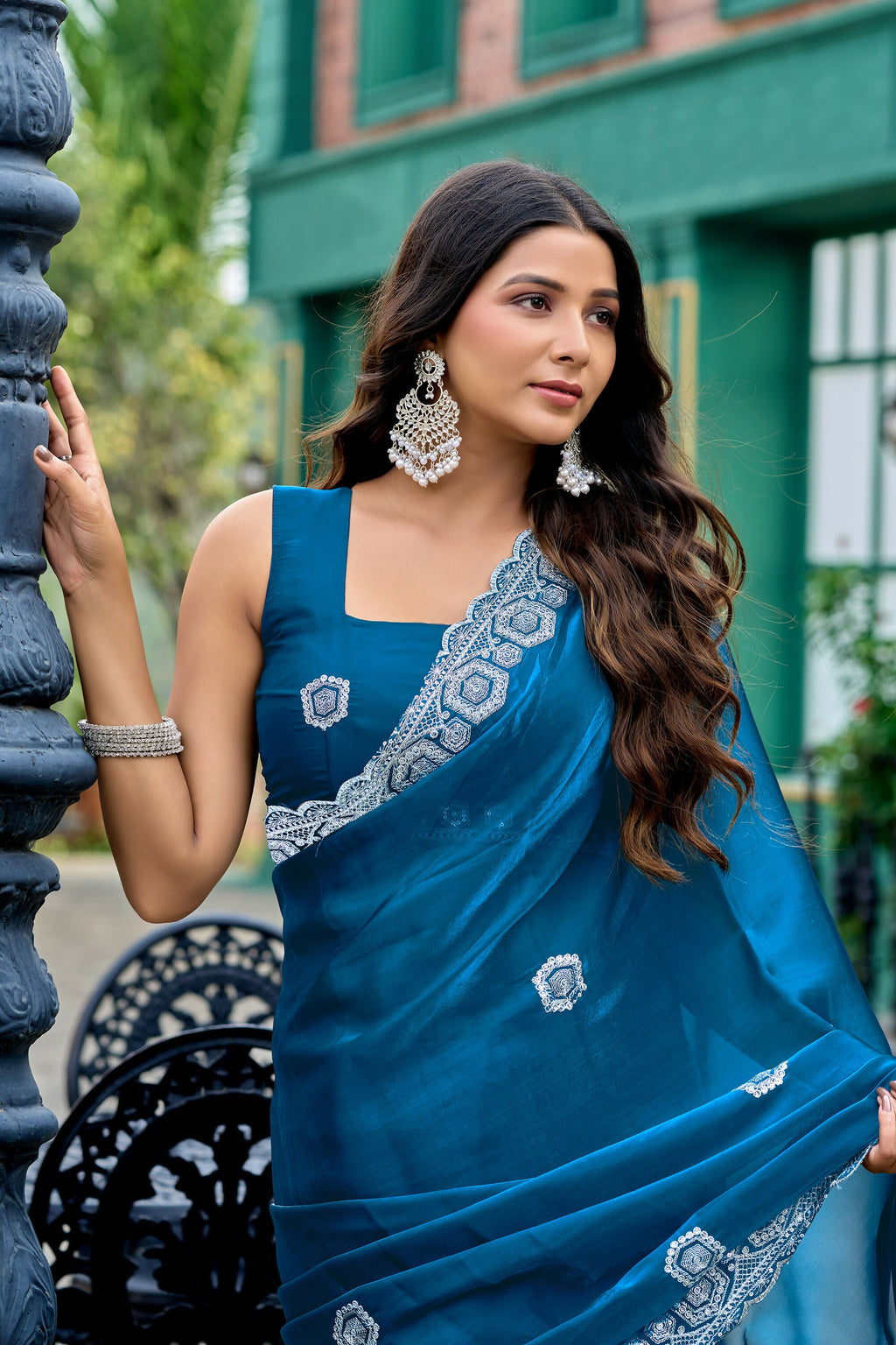 Vastranavya Teal Embroidery Work Shimmer Chiffon Saree with Unstitched Blouse - Distacart