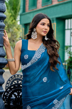 Vastranavya Teal Embroidery Work Shimmer Chiffon Saree with Unstitched Blouse - Distacart