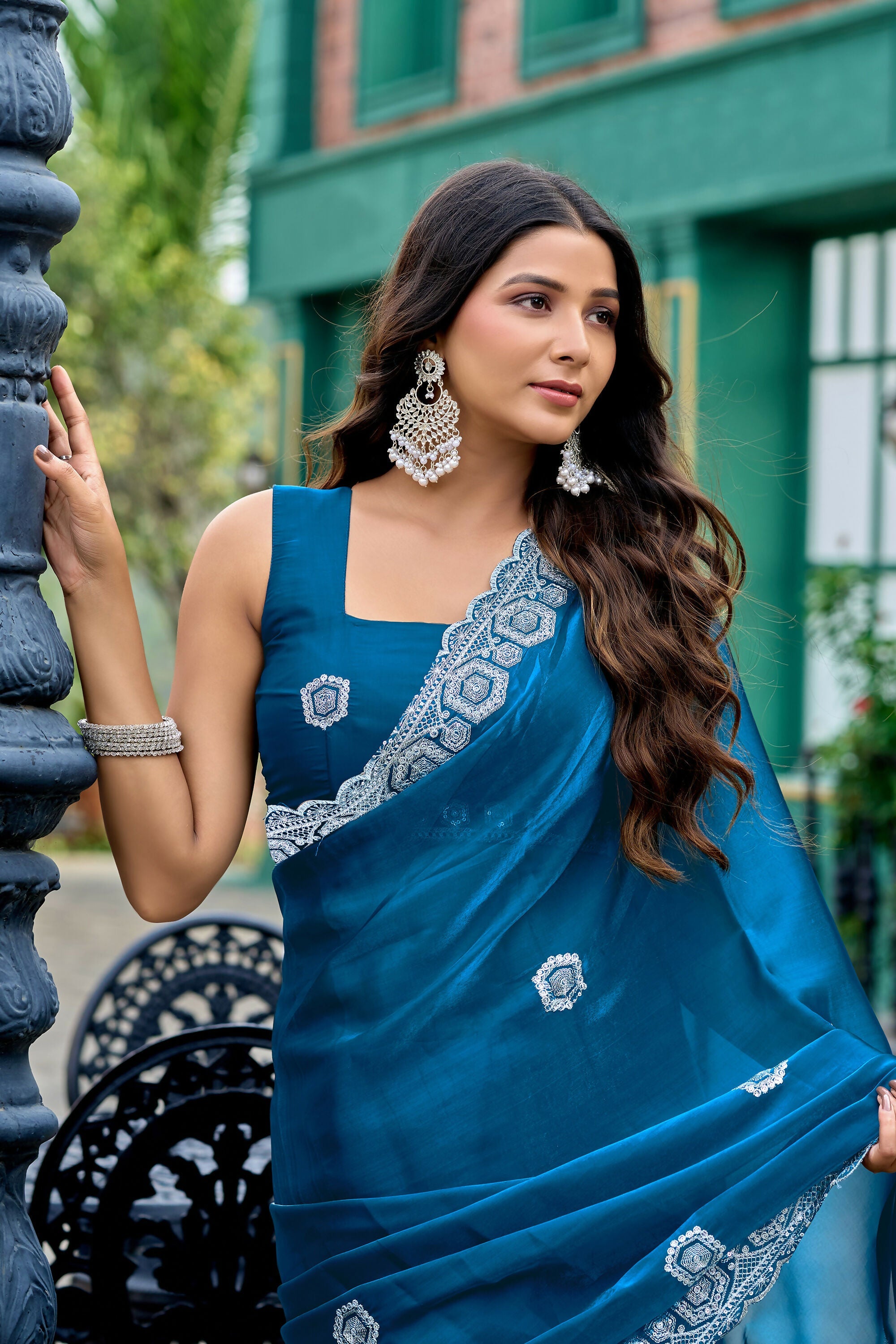 Vastranavya Teal Embroidery Work Shimmer Chiffon Saree with Unstitched Blouse - Distacart