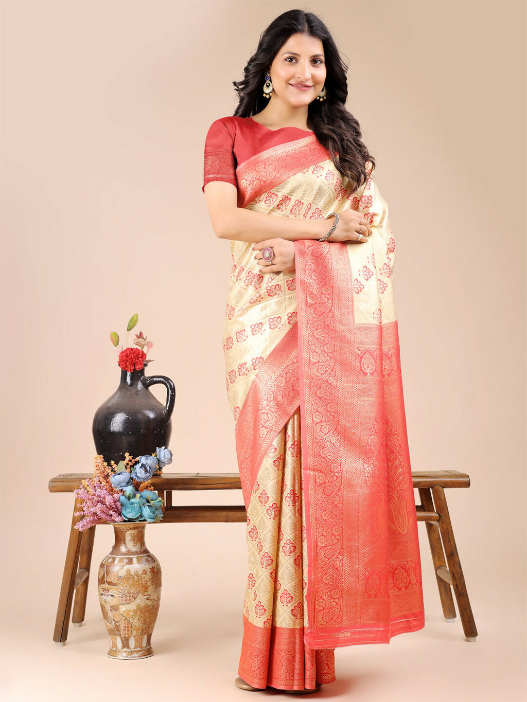Shree Shyam Fashion Aura Silk Cream Red Banarasi Silk Saree