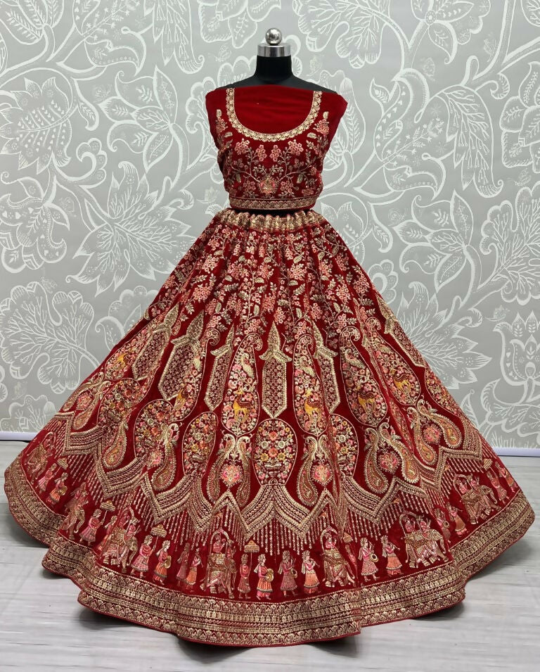 Jyoti Fashion Women's Red Velvet Multi Thread Embroidered with Zircon Diamond Work Wedding Lehenga Choli