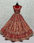 Jyoti Fashion Women's Red Velvet Multi Thread Embroidered with Zircon Diamond Work Wedding Lehenga Choli