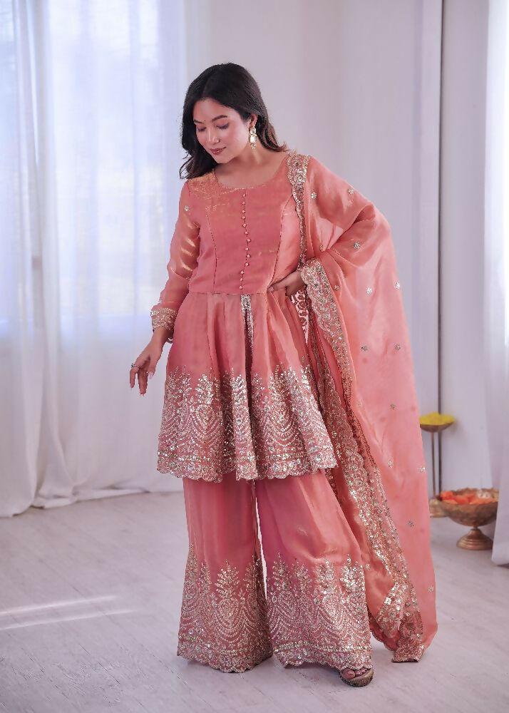 Teeya Creation Peach Color Fendy Satin Silk Embroidery Work Party Wear Salwar Suit - Distacart