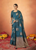 Teal Tusser Silk Woven Design Saree With Unstitched Blouse Piece - Norita Royal Pradha