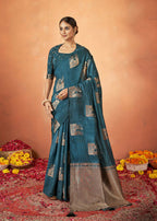 Teal Tusser Silk Woven Design Saree With Unstitched Blouse Piece - Norita Royal Pradha