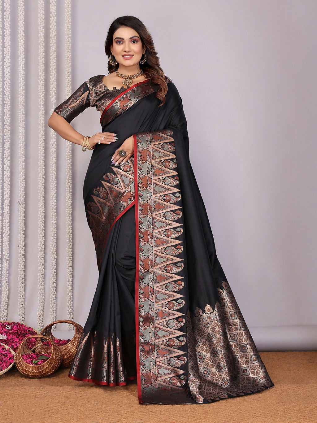 Joban Fashion Banarasi Black Jacquard Woven Soft Silk Saree - Distacart