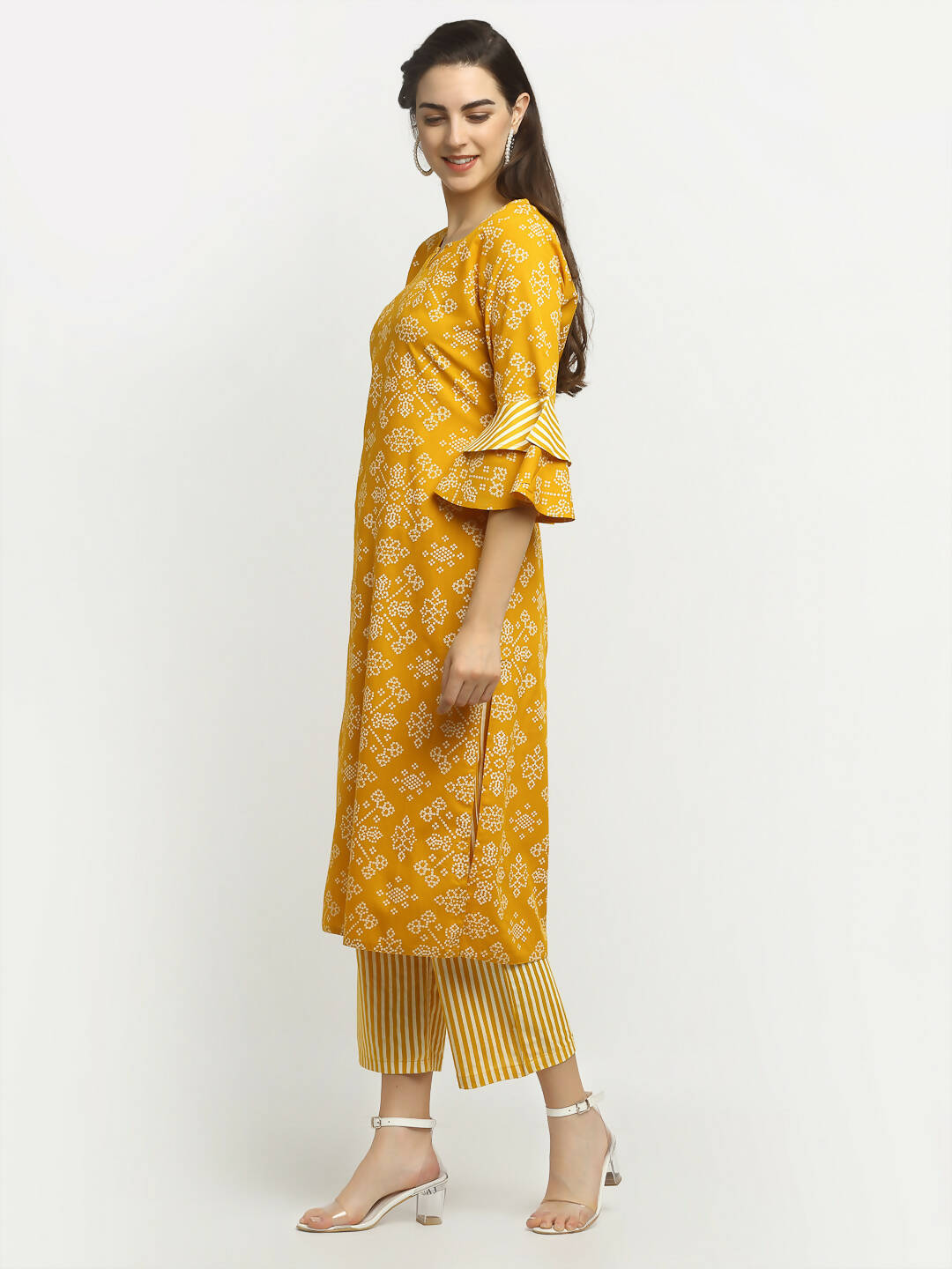 Rudra Bazaar Mustard Printed Bell Sleeve Straight Kurta with Striped Pyjamas - Distacart