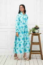 Myshka Women Blue Floral Rayon A-Line Shirt Collar Dress - Distacart