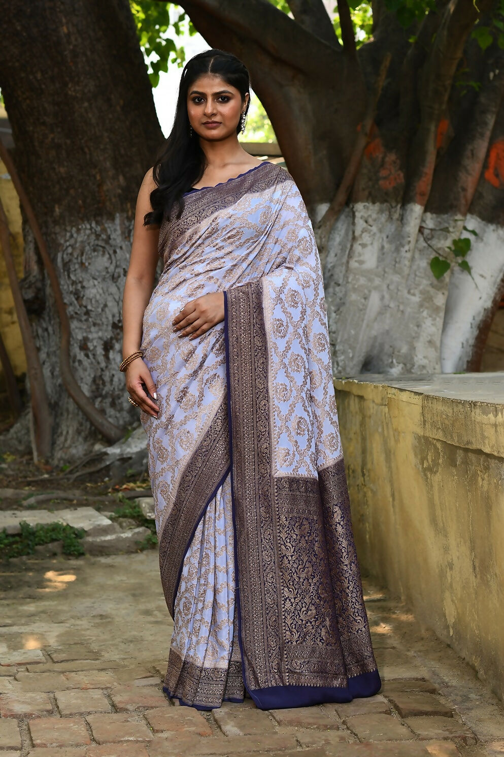 Joban Fashion Pastel Blue Crepe Chiffon Pure Handloom Banarasi Silk Saree