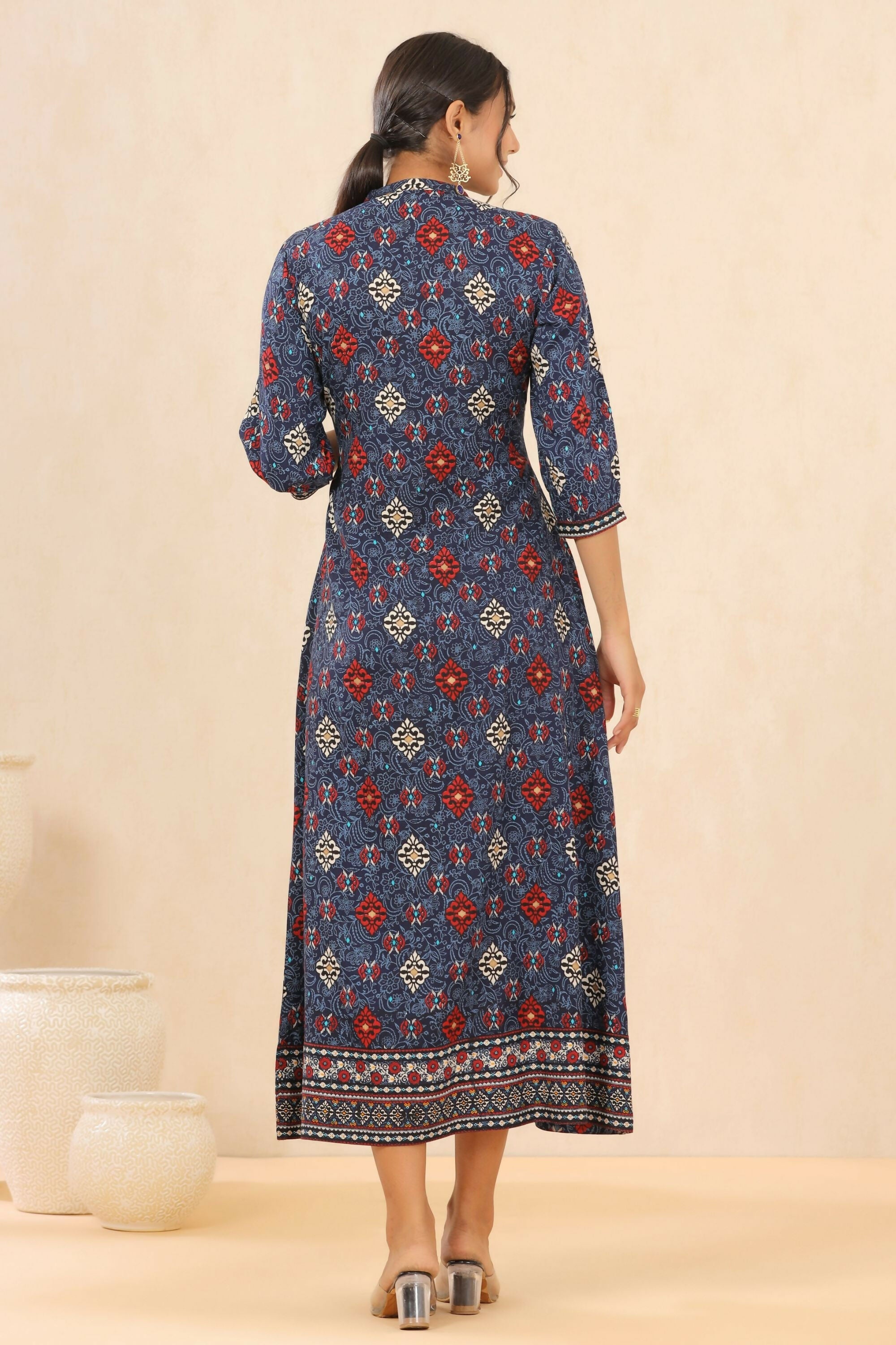 Juniper Indigo Floral Printed Rayon Maxi dress with Lace Work - Distacart