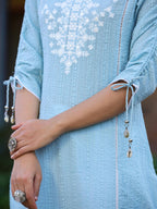 Juniper Women's Blue Sheer Sucker Embroidered Straight Kurta - Distacart