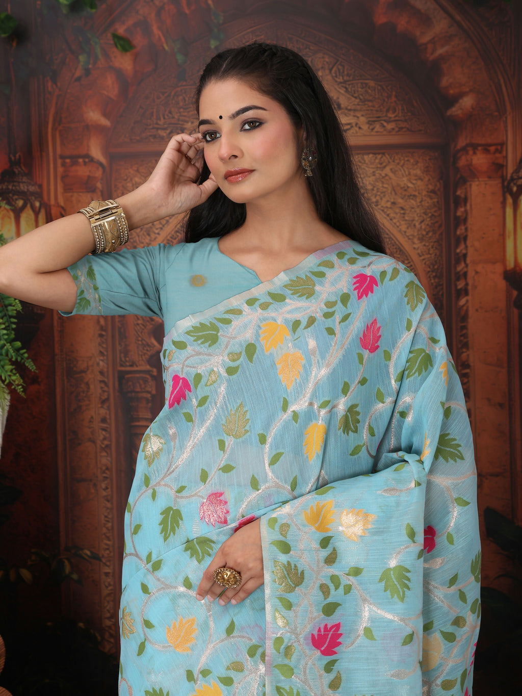 Shree Shyam Fashion Linen Cotton Sky Blue Saree - Distacart
