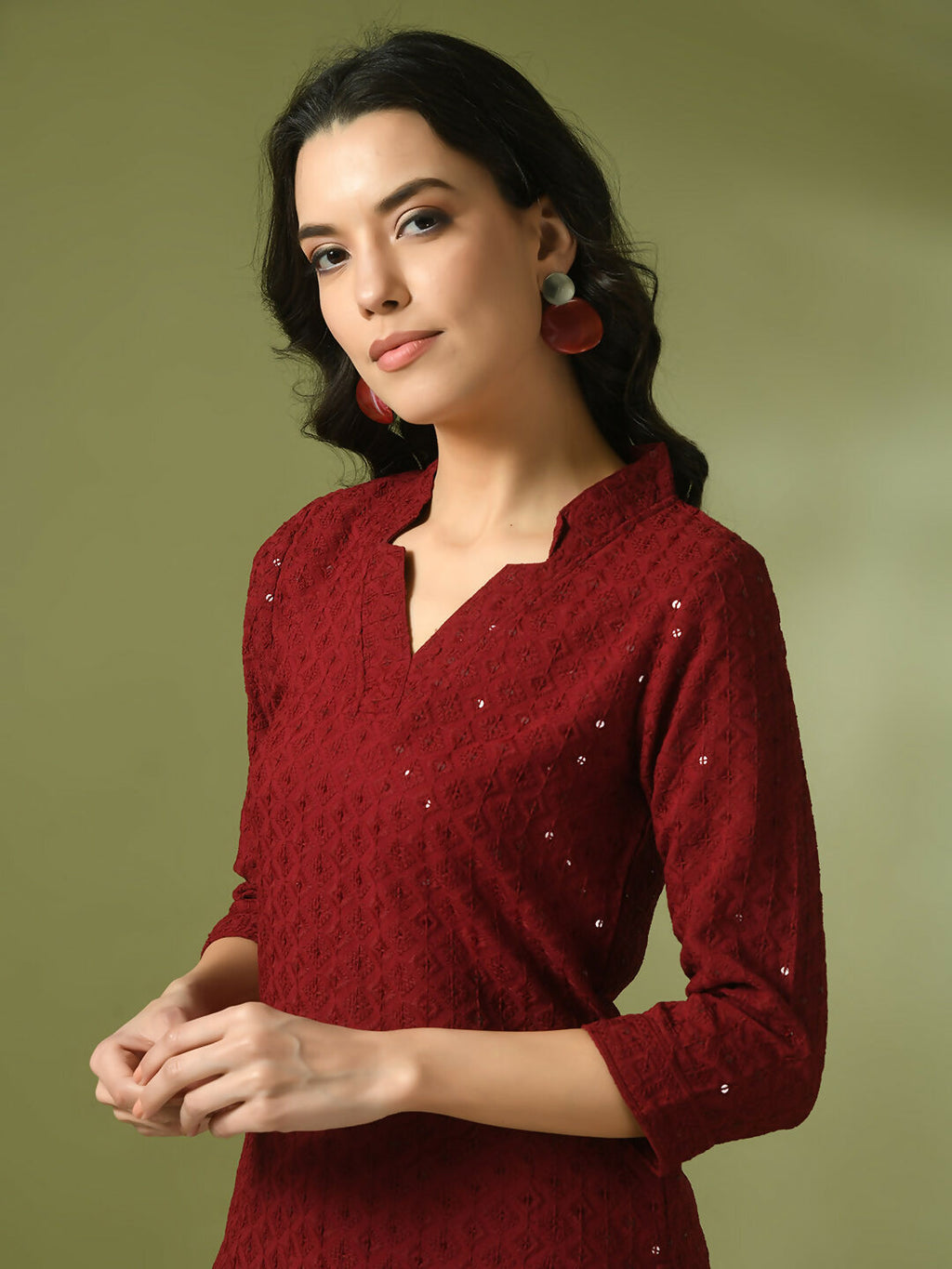 Myshka Women's Maroon Embellished Cotton Regular Party Tunic