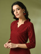 Myshka Women's Maroon Embellished Cotton Regular Party Tunic