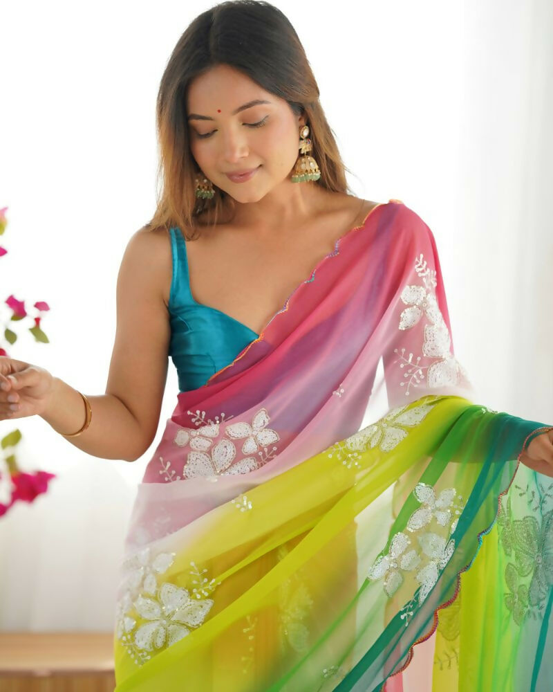 Green Georgette Pedding Color, Embroidery Work Party Wear Saree - Erisha
