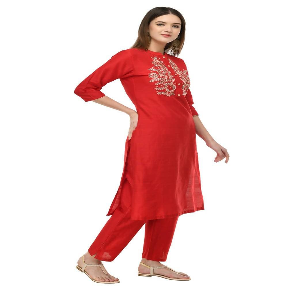 Lagi Women's Red Poly silk Straight Embroidred Kurta & Pant (RO116B)