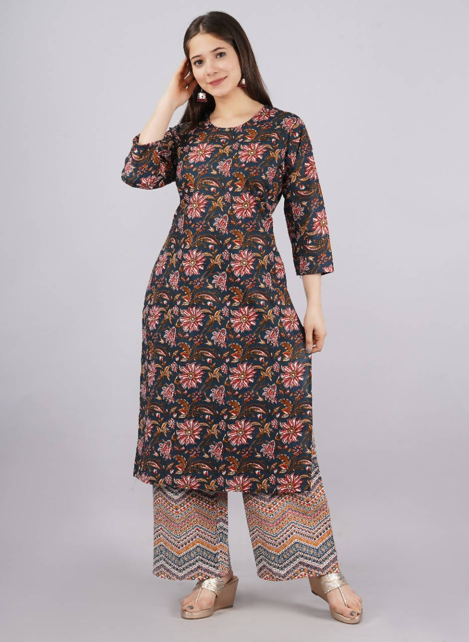 Vamika Printed Cotton Blue Party Wear/Casual Wear Kurta Set/Suit - Distacart