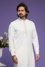 Raivat Ethnic Art Banarasi Silk Thread Work Kurta Pajama In Cream Colour