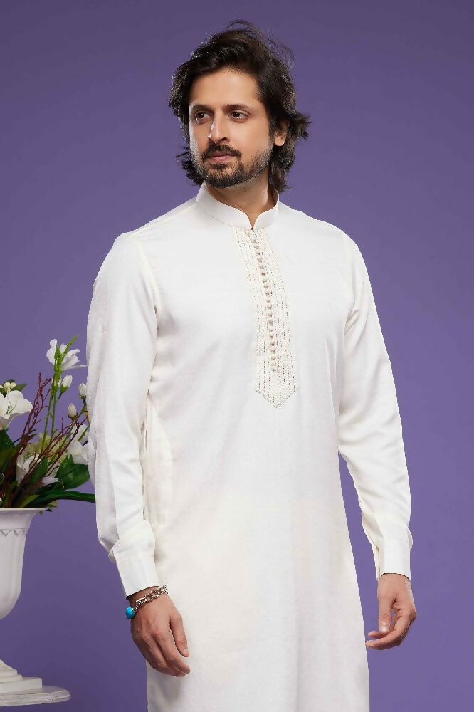 Raivat Ethnic Art Banarasi Silk Thread Work Kurta Pajama In Cream Colour