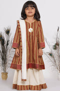 Little Bansi Girls Cotton Kurta frock with Sharara & Dupatta - Brown & Cream