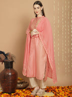 Jyoti Fashion Women's Peach Chanderi Silk Elegant Jardoshi Semi Kurta with Trouser & Dupatta