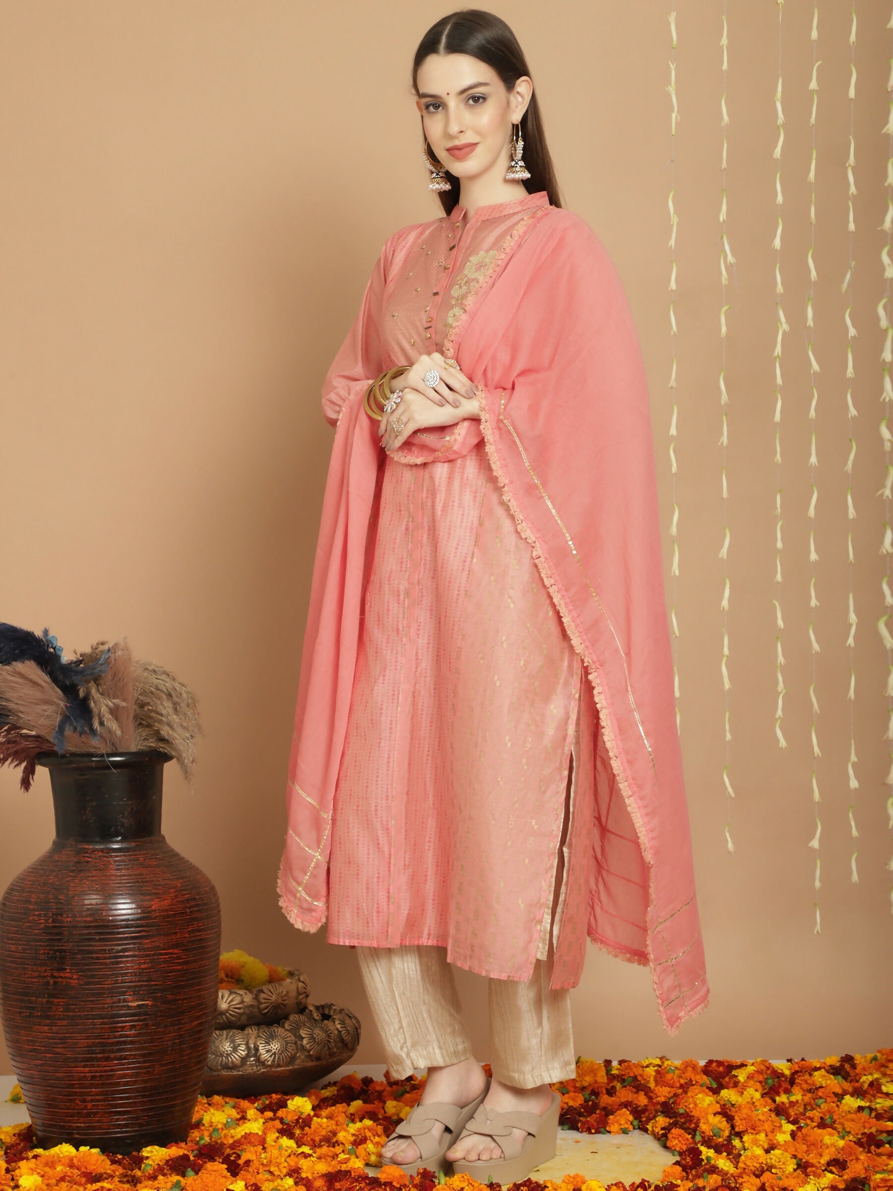 Jyoti Fashion Women's Peach Chanderi Silk Elegant Jardoshi Semi Kurta with Trouser & Dupatta