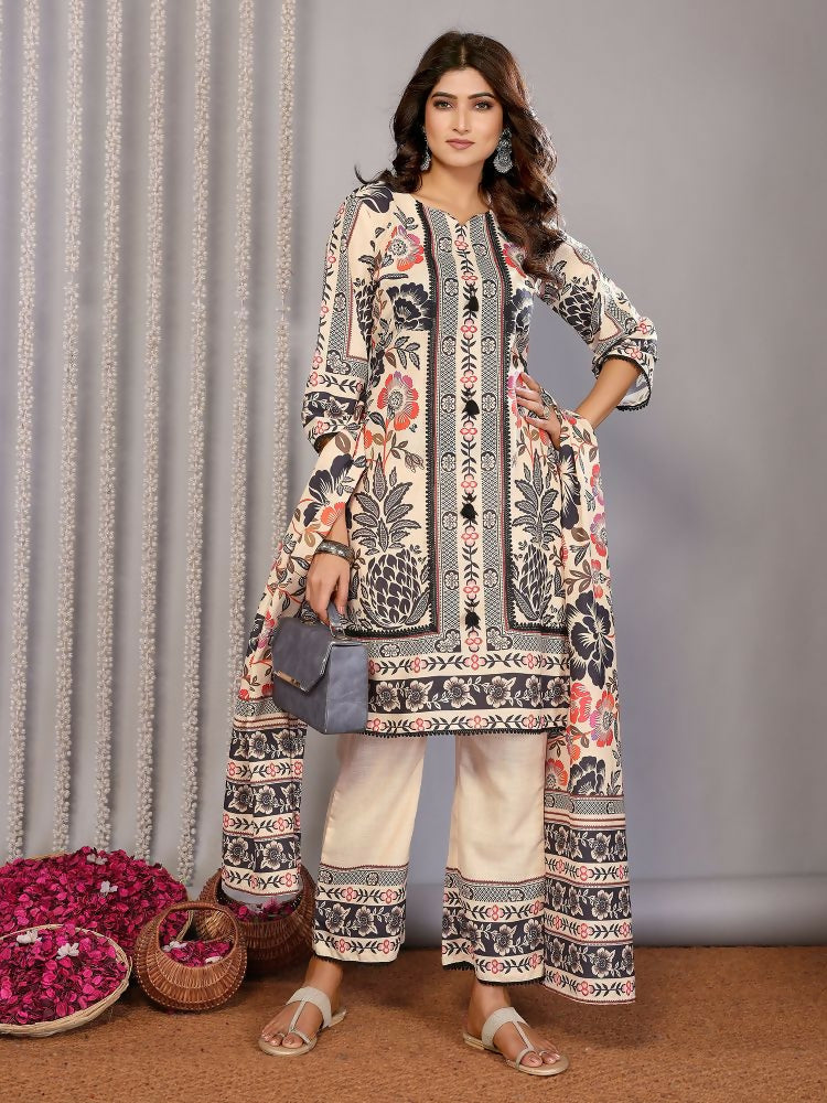 Joban Fashion Women Cream Linen Printed Stitched Kurta Set - Distacart