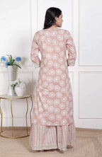 Miravan Women Brown Floral Printed Cotton Straight Ethnic Kurta with Palazzo and Dupatta