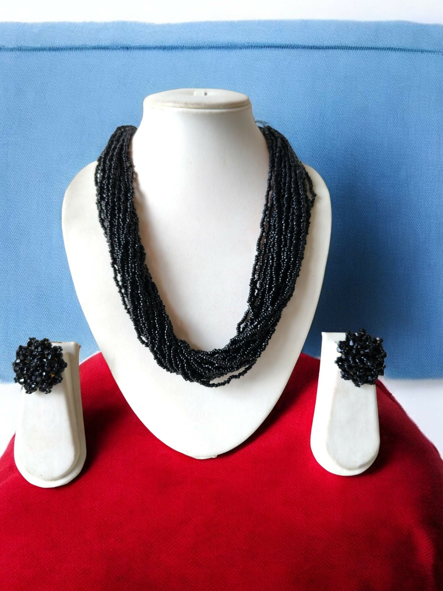 Inhanns Vibrant Handmade 20 Layers Beaded Necklace With Matching Earrings - Black