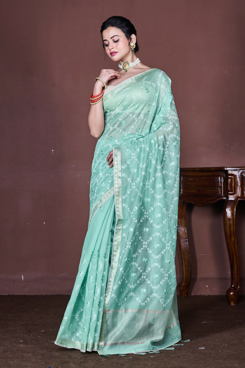Morchari Green Cotton Chanderi Embroidery Saree Unstitched Blouse - Distacart