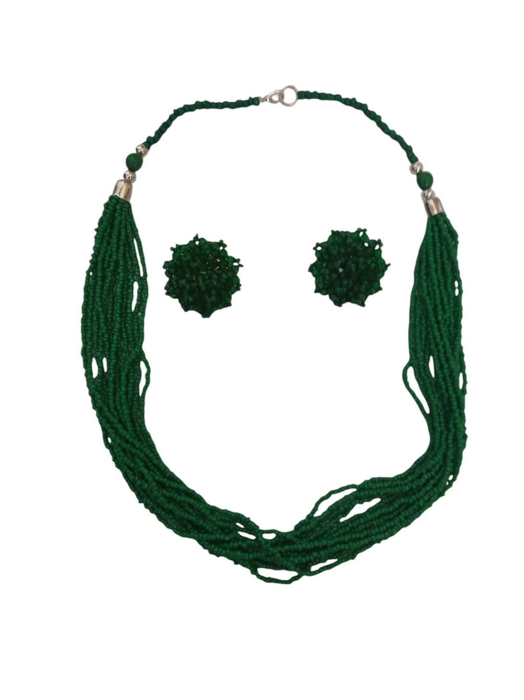 Inhanns Bloom Handmade Beaded Necklace With Earrings - 12 Layers - Darkgreen Necklace Set
