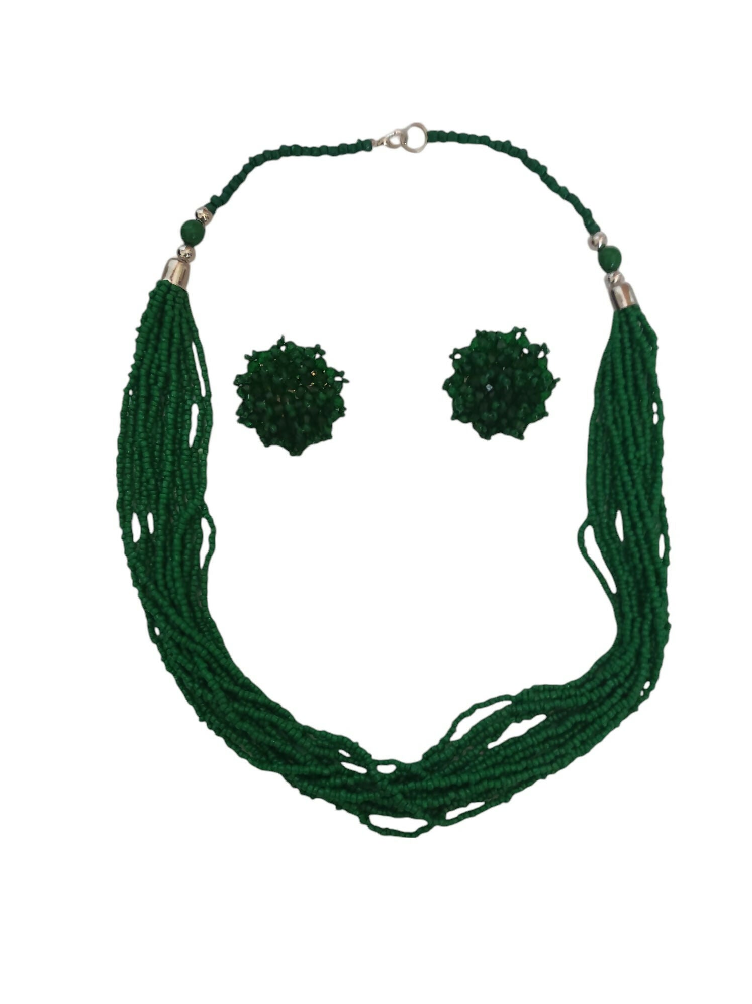 Inhanns Bloom Handmade Beaded Necklace With Earrings - 12 Layers - Darkgreen Necklace Set