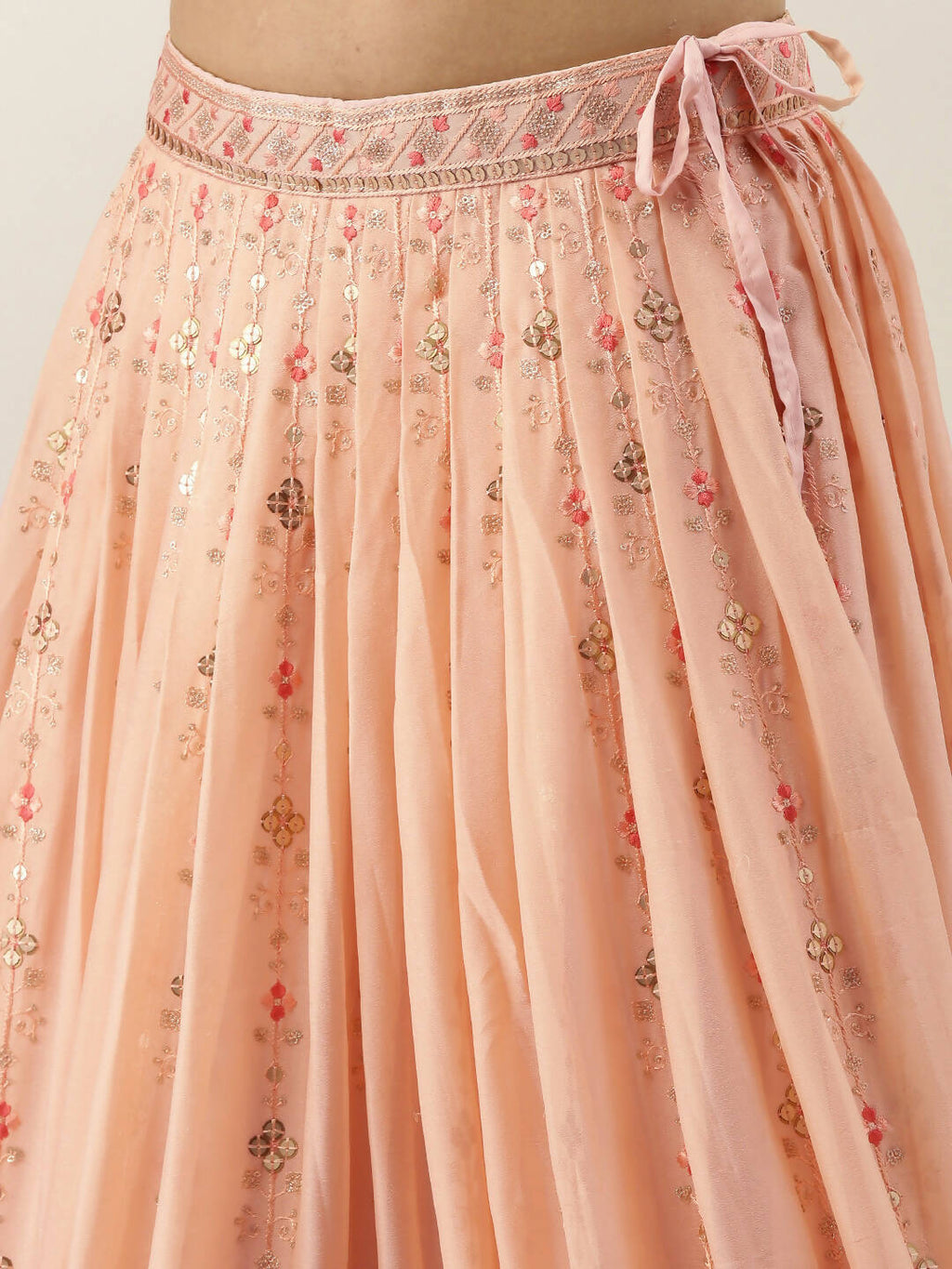 House of Panchhi Women Peach Pure Georgette Embroidered Lehenga & Blouse, Dupatta