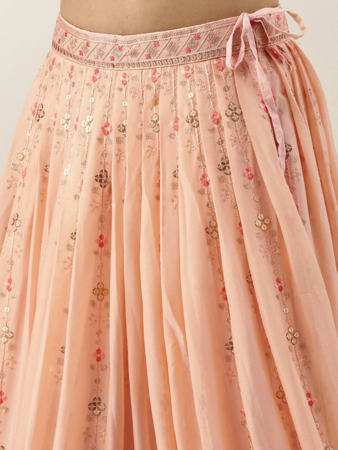 House of Panchhi Women Peach Pure Georgette Embroidered Lehenga & Blouse, Dupatta