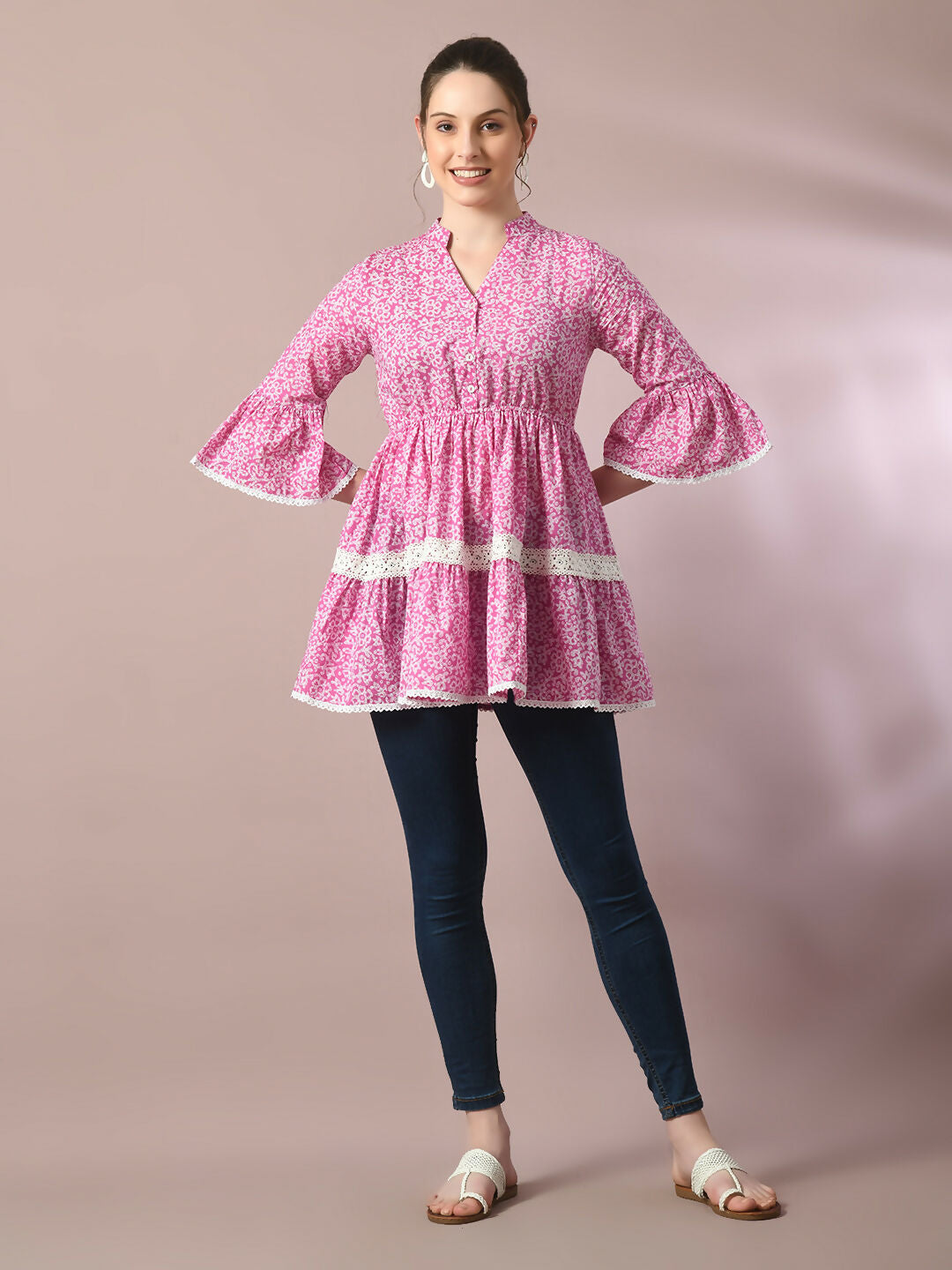 Myshka Women's Pink Embellished Cotton Gathered Party Empire Top