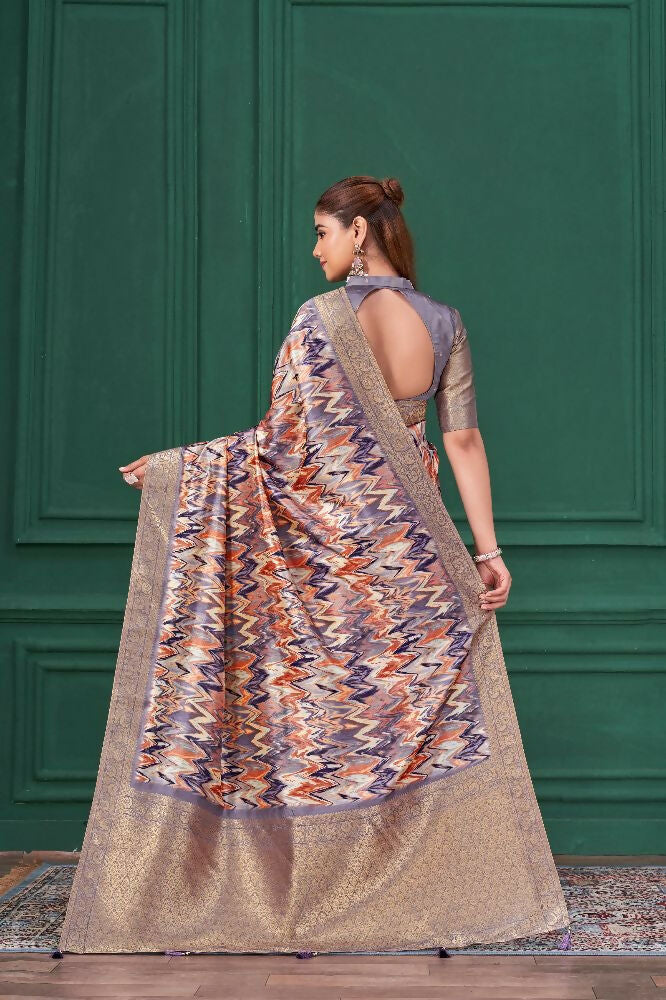 Purple Tussar Silk Jacquard Abstract Digital Print Saree with Unstitched Blouse - Mohira