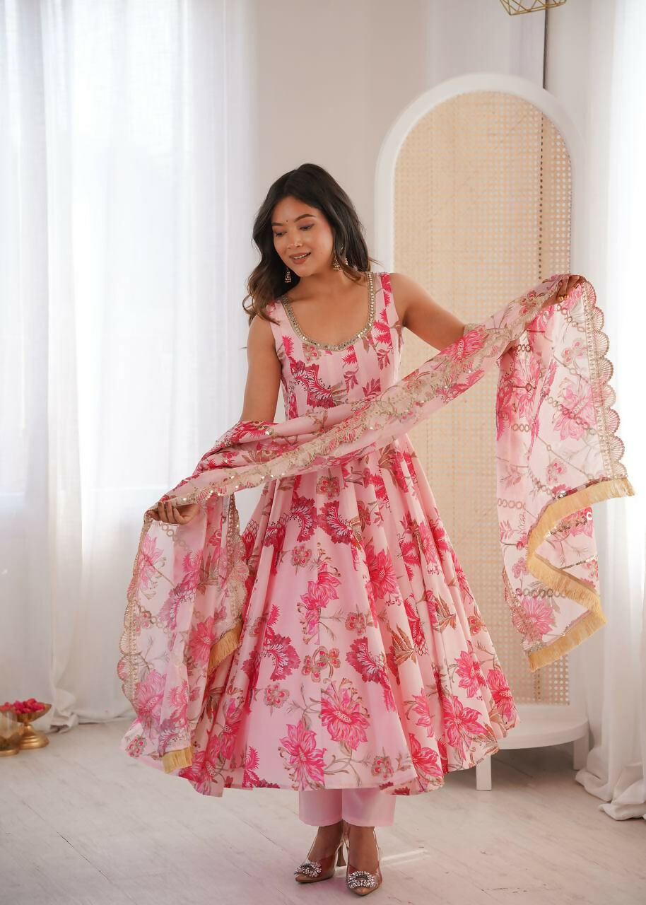 Teeya Creation Pink Pure Muslin Silk Digital Print Traditional Wear Long Gown - Distacart
