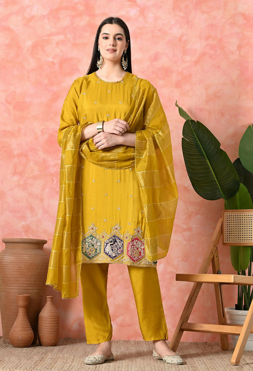 Joban Fashion Mustard Premium Pure Viscose Print Dola With Handwork Kurta Set
