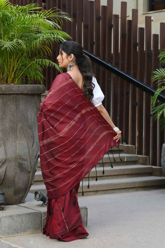 Beatitude Maroon Khadi Ghicha Stripes Saree