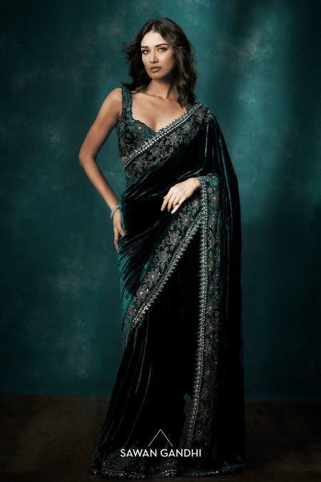 Joban Fashion Green Viscose Velvet Party Wear Sarees