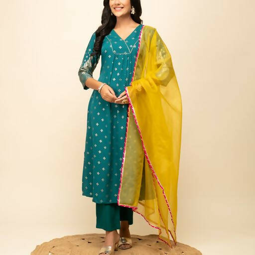 FIORRA Women's Teal Blue Crepe A-Line Kurta Pant with Dupatta