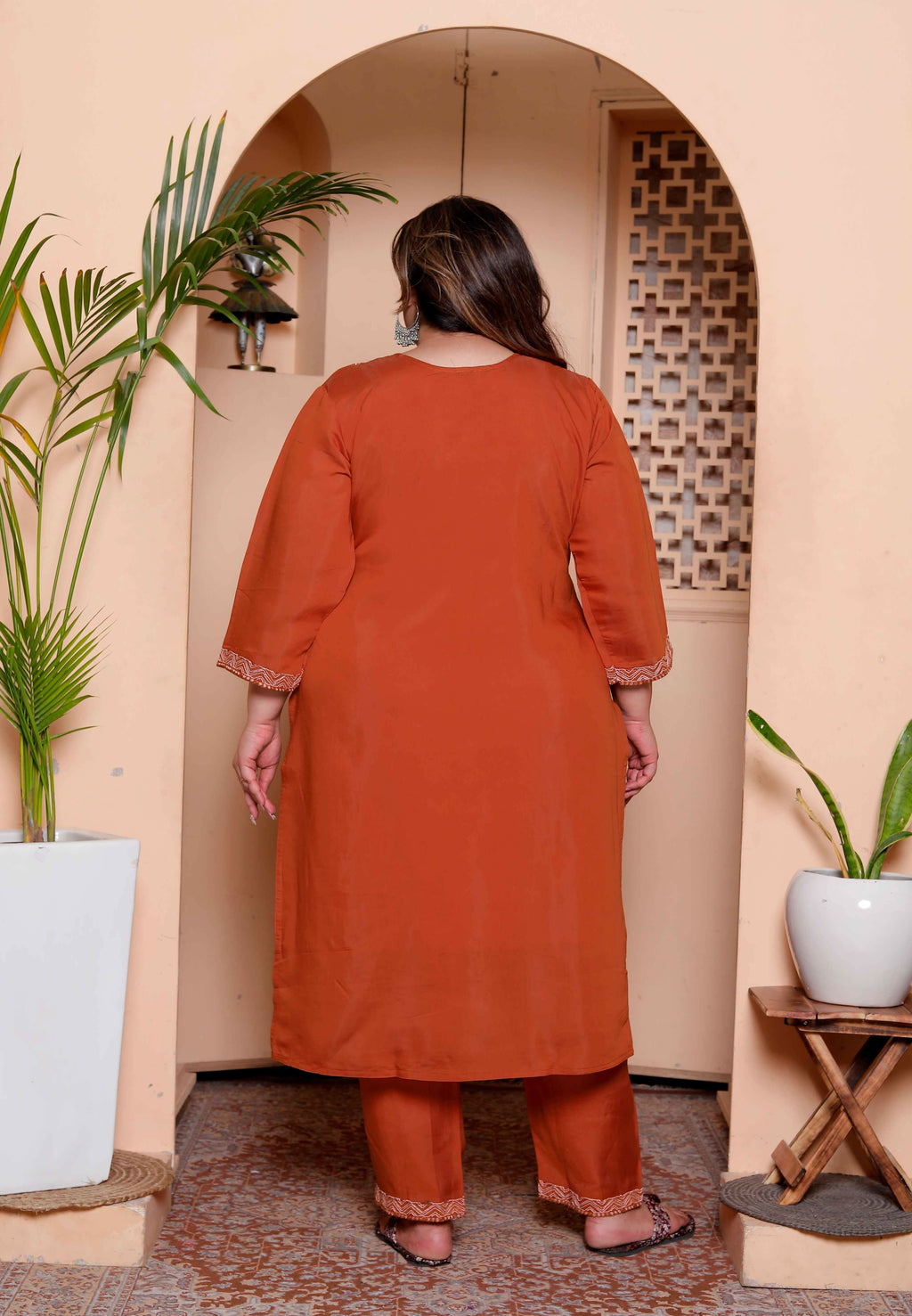 Miravan Women's Plus Size Orange Embroidered Straight Kurta with Palazzo and Dupatta set - Distacart
