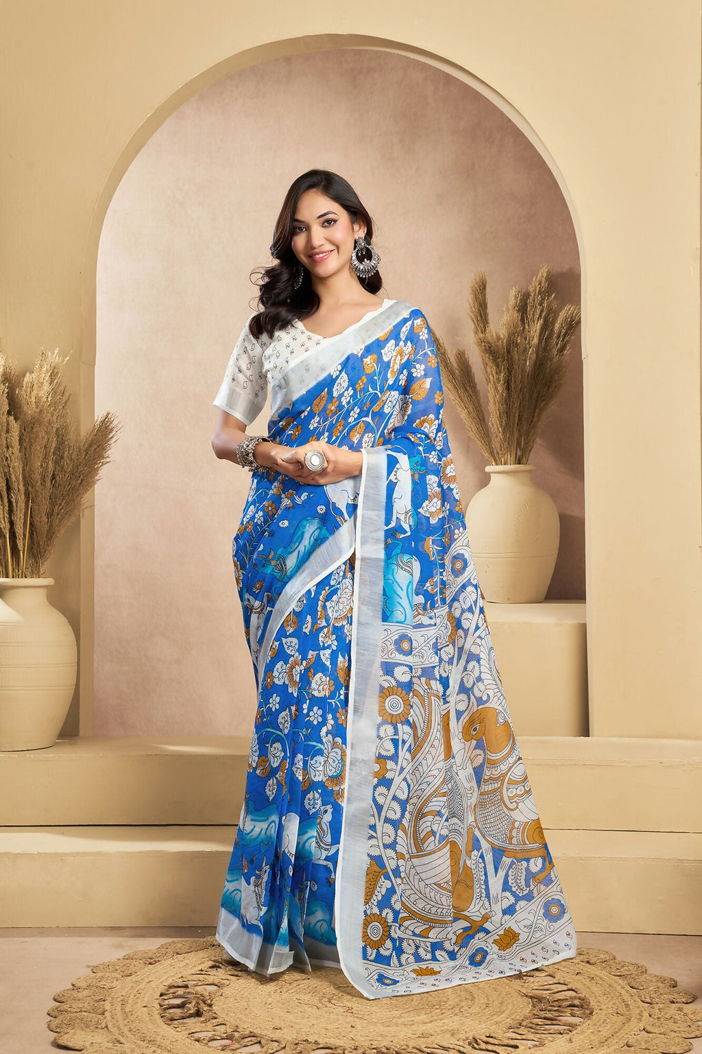 Vastranavya Blue Digital Printed Linen Ready To Wear Designer Saree with Unstitched Blouse - Distacart