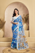 Vastranavya Blue Digital Printed Linen Ready To Wear Designer Saree with Unstitched Blouse - Distacart
