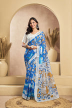 Vastranavya Blue Digital Printed Linen Ready To Wear Designer Saree with Unstitched Blouse - Distacart