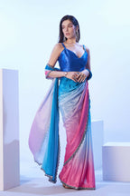 Blue Chinon Solid Designer & Lace Work Saree - Samaa