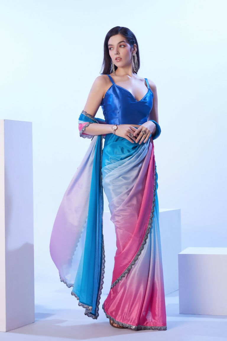 Blue Chinon Solid Designer & Lace Work Saree - Samaa